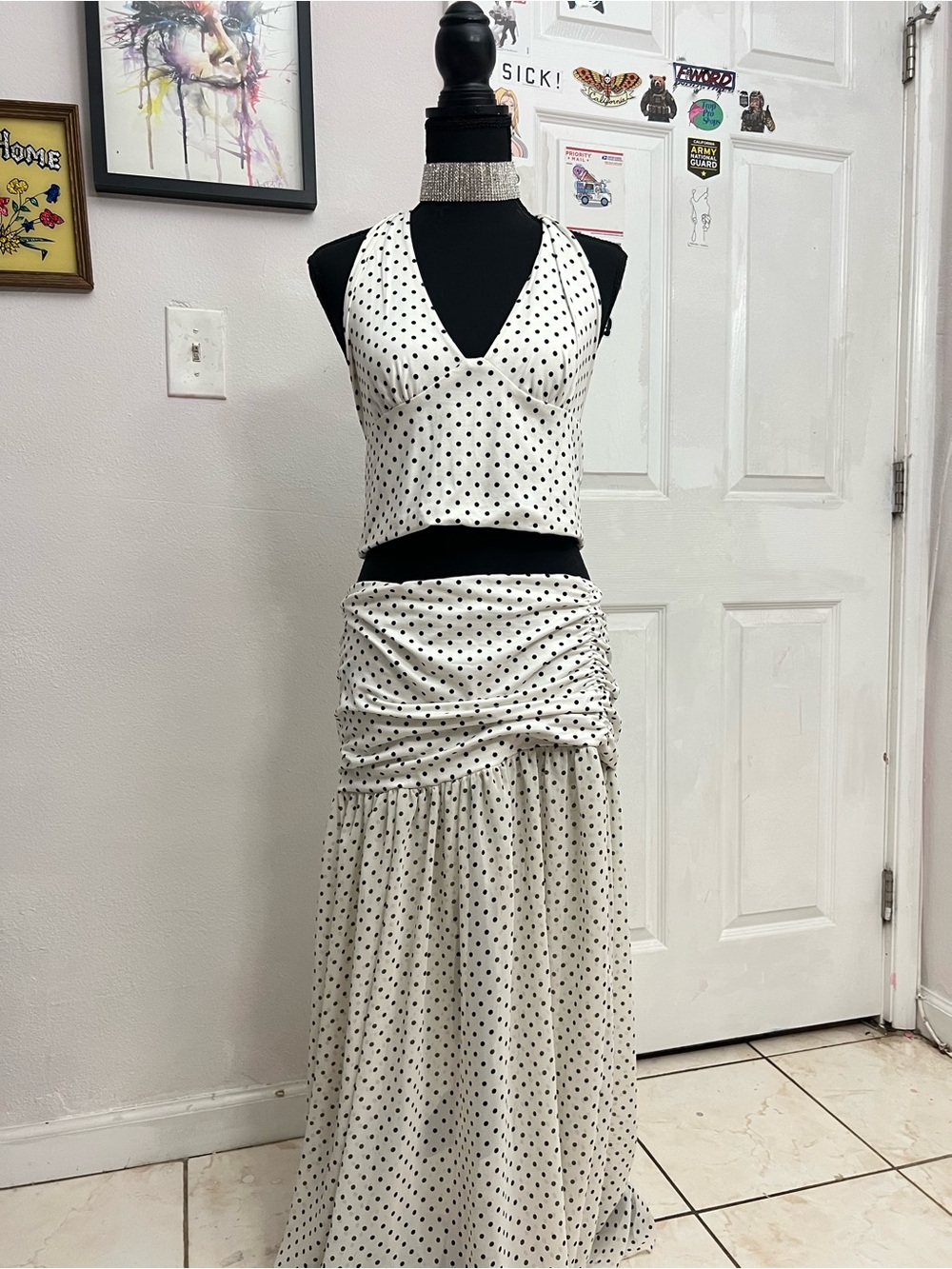 Polka Dot Cream Maxi Skirt with Gathered Waist